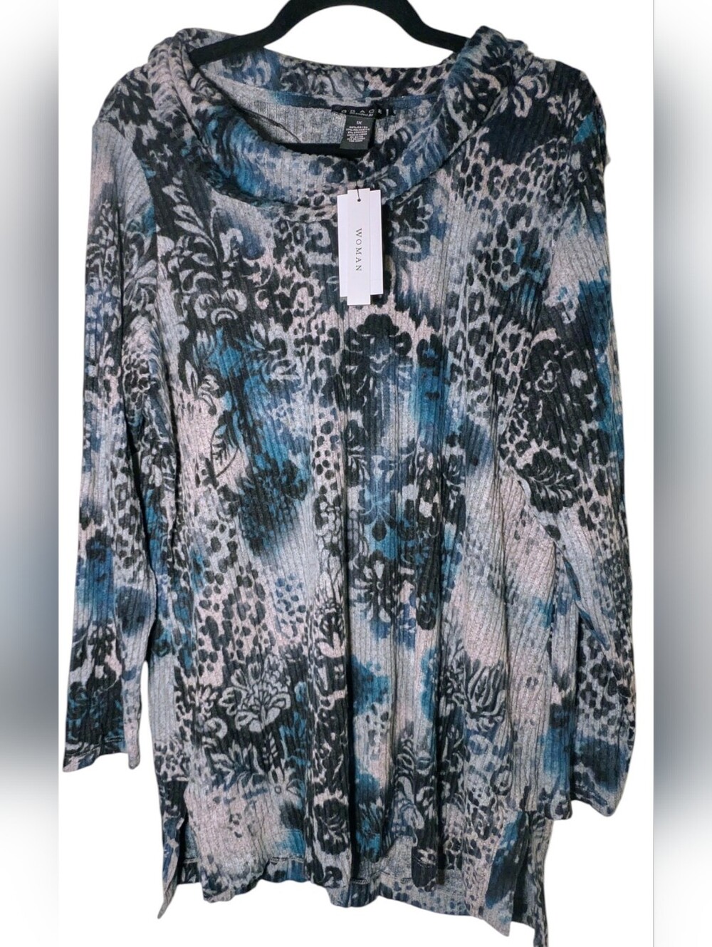 Grace The Perfect Fit Plus Size 1X Blue Multi Ribbed Cowl Neck Sweater NWT